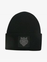 Antony Morato Woolblend Knit Beanie Hat With Woven Tiger Embroidery Patch Blac