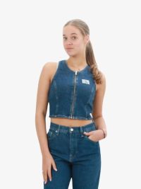 Calvin Klein Dames Top Zip Crop Denim Dark
