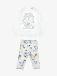 Monnalisa Meisjes Baby Set Legging Bloemen Ecru Celeste