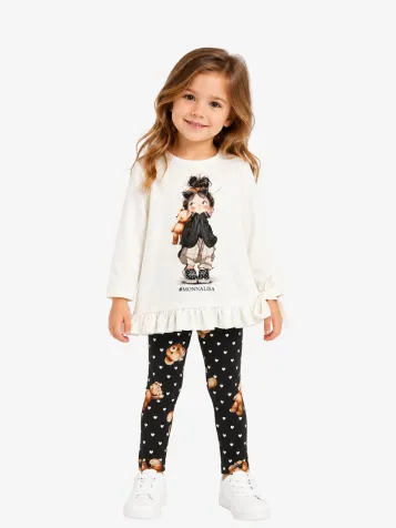 Meisjes Set Legging Maxi T-shirt Teddy Panna Nero