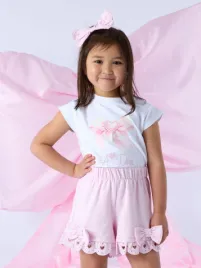 Adee Meisjes Set Short Roxy Strik Broderie Bright Wit