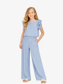 Abel & Lula Meisjes Set Pleated Chiffon Pants Plisse Sky Blue