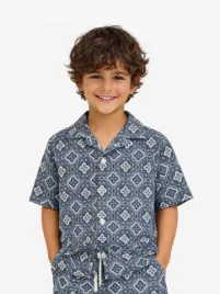 Les Deux Kids Jongens Blouse Lukas Arabesque Blauw Fog