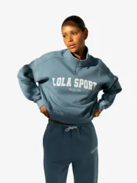 The Lola Club Dames Sweater Jayla Half Zip Denim Blauw