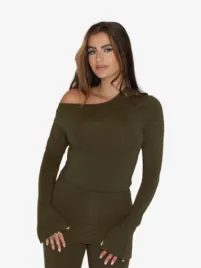 Reinders Dames Top Soft Off Shoulder Dark Olive
