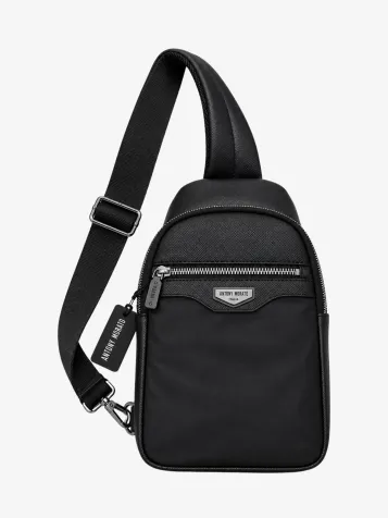Sling Backpack In Nylon And Faux Leather.metal Zip Pockets.3d Lo