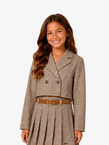 Meisjes Blazer Cropped Glen Tartan Beige
