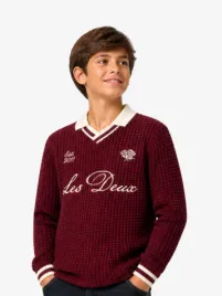 Les Deux Kids Jongens Longsleeve Waffle Football Chocolate Truffle Red