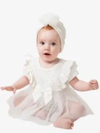 Caramelo Meisjes Jurk Muts Tulle Romper Diamantes Ivory