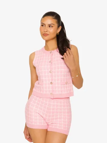 Dames Set Short Checked Knitted Pink