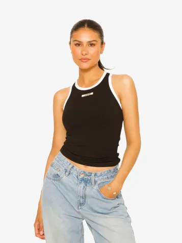 Dames Tanktop Essential Two Tone Ribbed Singlet Zwart