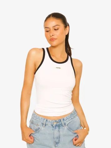 Dames Tanktop Essential Two Tone Ribbed Singlet Wit
